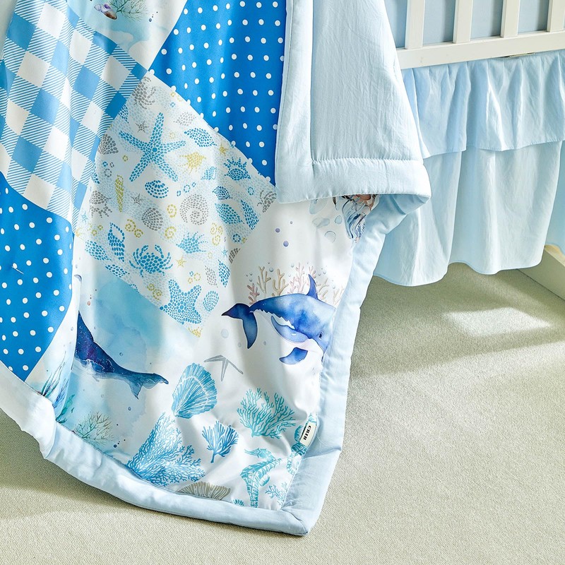Patchwork Crib Bedding Set Blue Ocean Plaid Design 3 Pieces