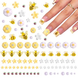 ITPOYOL 100 PCS Flower Nail Art Charms 3D Cute Bee Nail Charms and Gems Yellow White Daisy Spring Summer Floral Charm Rhinestones Jewelry Accessories for Women DIY Manicure Decorations Supplies