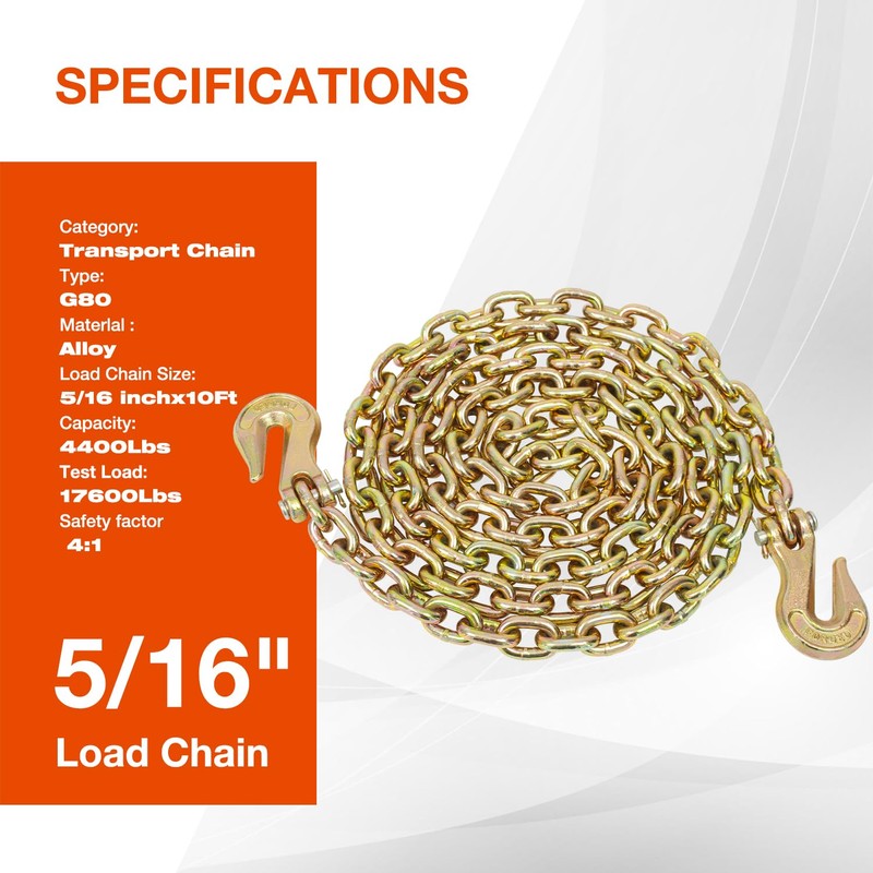 TKK G80 Transport Binder Chain, 5/16''x16' Tow Chain with Grab