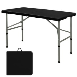 Folding Table 4FT Camping Table Portable Heavy Duty Plastic Rectangular Outdoor Dining Table Steel Legs Fold-in-Half with Carrying Handle for Indoor,Picnic,Party,Wedding,Events(Black)