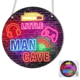 Neon Little Man Cave Sign Gaming Wooden Door Sign Video Game,Boys Teenage Room Hanging Wall Art Decoration Hanging Game Room Sign Decorationfor Bedroom Playroom Living Boy Room Decorations
