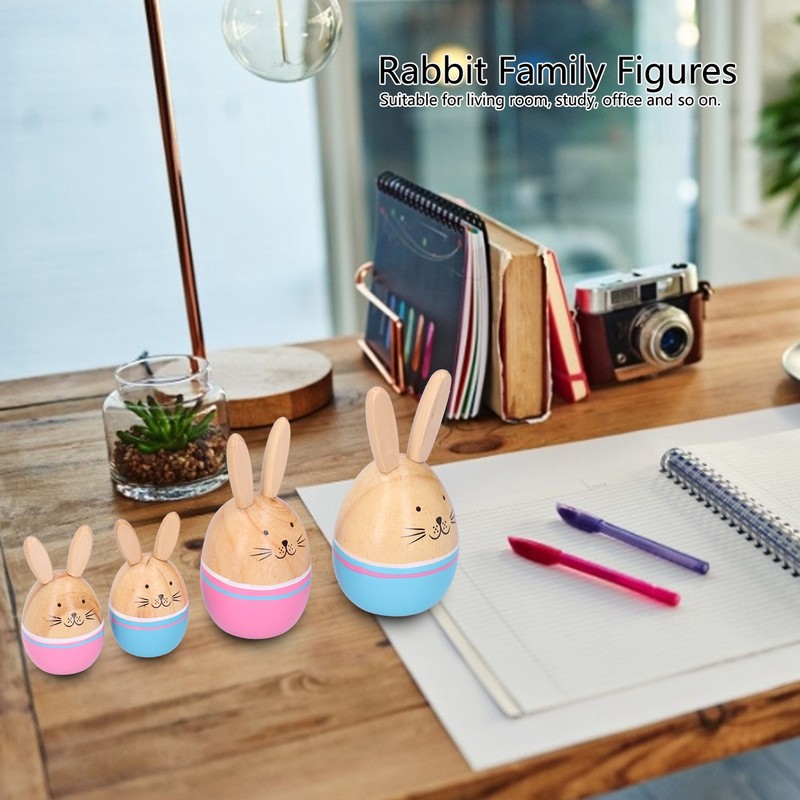 Wood Rabbit Family Figures Handcraft Decoration Ornament for Living Room