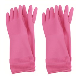 Myungjin (2 Pairs Reusable Waterproof Household Dishwashing Non-Slip Cleaning Latex Rubber Kitchen Gloves (Pink, Medium)
