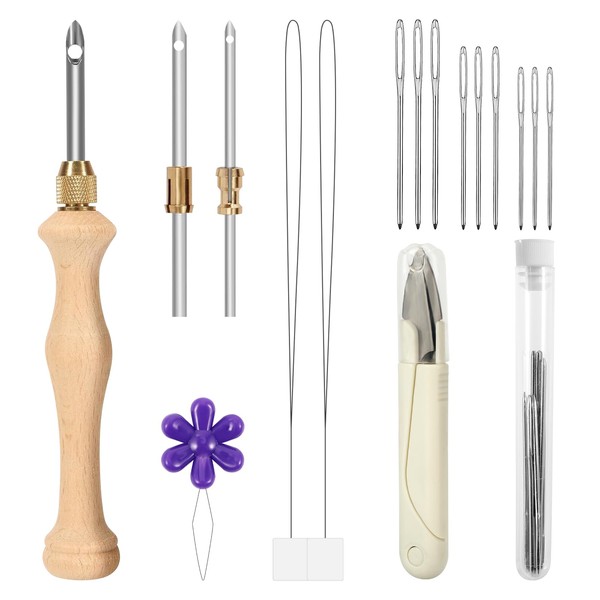 JSRQT Wooden Handle Punch Needle Embroidery Set, Adjustable Punch Needle