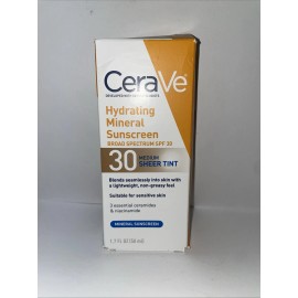 CeraVe Hydrating Mineral Sunscreen SPF 30 Medium Sheer Tint 1.7 oz  Exp 12/26