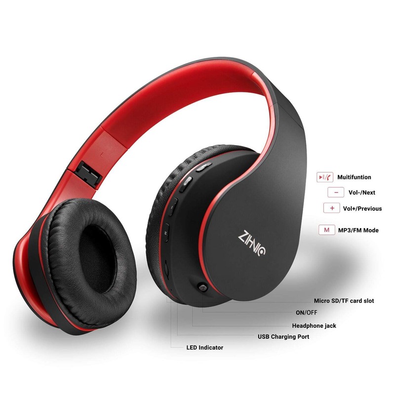 zihnic Bluetooth Over-Ear Headphones, Foldable Wireless and Wired Stereo Headset