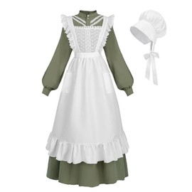 Nuoqi Prairie Dress Women Adult Pioneer Dress Long Colonial Costume with Bonnet Apron Dark Green S