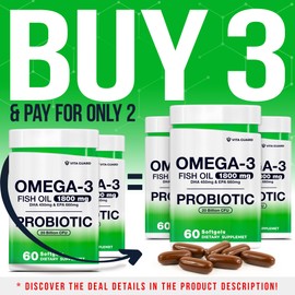 Omega-3 Fish Oil with Probiotics – 1800mg EPA & DHA for Heart, Brain & Gut Support – 20 Billion CFU, Inulin Fiber, Lemon-Flavored Burpless Softgels