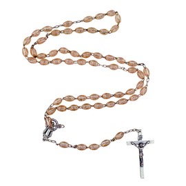 (Rose) - Catholic Rosary with Metal Crucifix Cross Made in Italy Miraculous Pink Oval Beads (Rose)