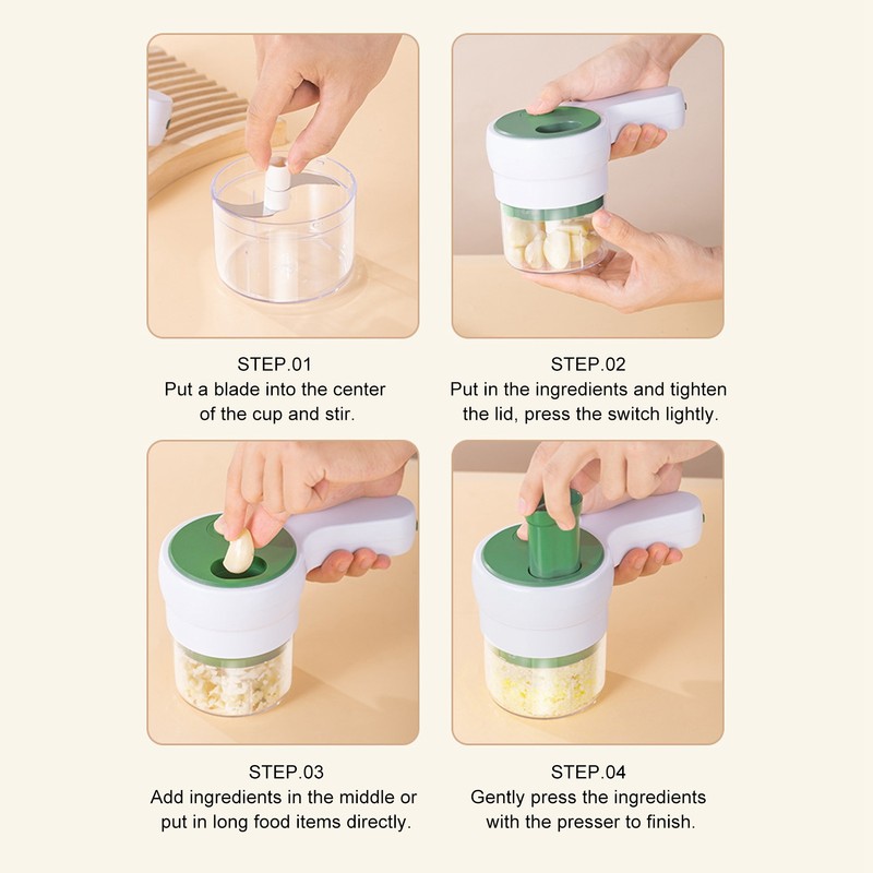 4 in 1 Electric Garlic Chopper Cordless Rechargeable Handheld Kitchen