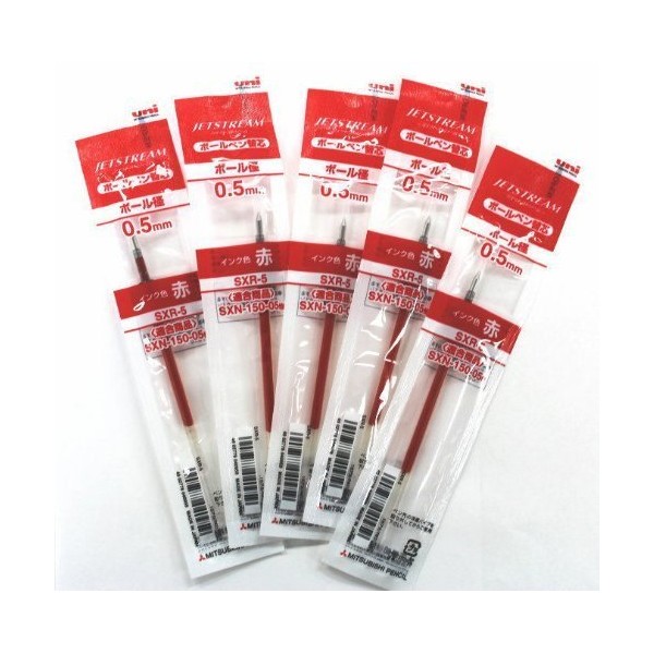 uni JETSTREAM SXR-80-05 Ballpoint Pen Refills for Standard Pens 0.5mm (Red, 5 Pack)