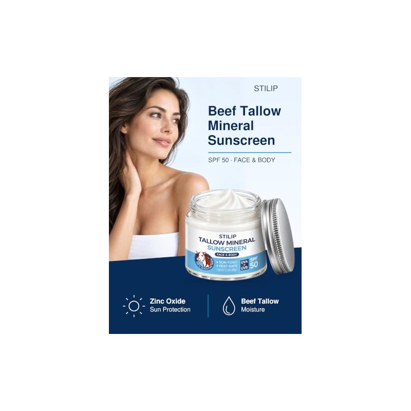 Organic Beef Tallow Sunscreen-SPF 50 with Zinc Oxide,Non-Toxic 2-in-1 Moisturizer