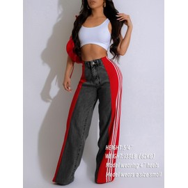 Angsuttc Two Tone Jeans Women High Waisted Patchwork Denim Pants Color Contrast Stripes Wide Leg Jean Black Red S
