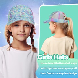 BROMZ Girls Glitter Baseball Cap Kids Ponytail Hat Adjustable Summer Mesh Trucker Hats for 4-12 Years Blue