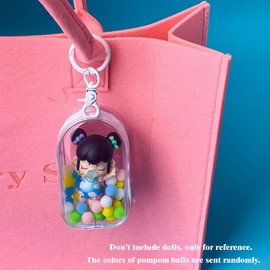 Clear Doll Display Case Keychain for Mystery Box Mini Figures, PVC Doll Bag Keychain Charms with Pompom Ball for Collectibles
