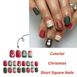 Vopintpy Christmas Tree Snowman Fake Nails Matte Winter Xmas Press on Nails Short Square Christmas Acrylic Nails with Glue on Nails Reusable Stick on Nails for Women