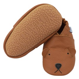 YIHAKIDS Baby Rubber Sole Shoes - Boys & Girls Infant Toddler Moccasins - Leather Walking Anti-Slip Slippers - Newborn to 18 Months - Brown Dog, Sole Length 5.5in