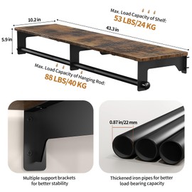 Luxspire Clothes Rack Wall Mounted, 43.3inch Clothing Racks with Top Shelf for Hanging Clothes, Heavy Duty Industrial Pipe Garment Rack, Laundry Room Shelves Closet Storage, Large, Black + Brown