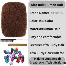 Afro Kinky Curly Hair Afro Kinky 100% Bulk Natural Human Hair Braiding Hair for Dreadlocks, Locs Repair, Dreadlock Extensions, Twists, Braids 180g 8inch (Auburn)