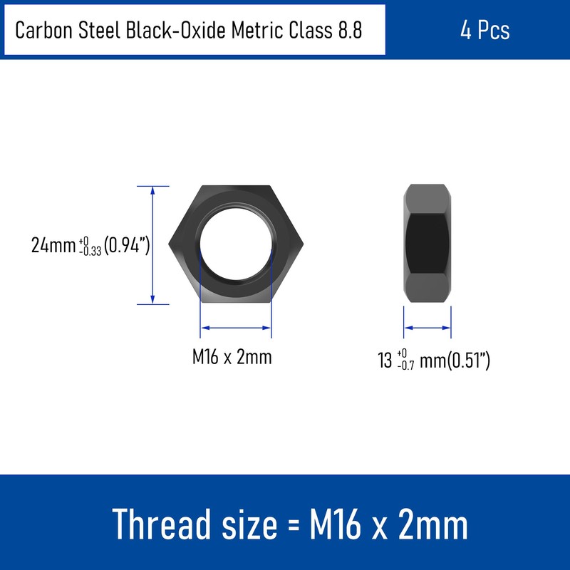 FOCMKEAS 4PCS M16-2 Black Hex Nuts, Carbon Steel Metric Coarse