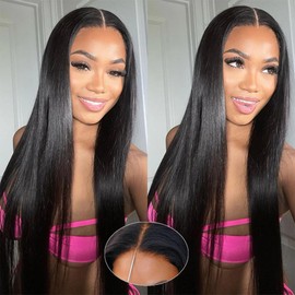 Amella 13x4 Glueless Wigs Human Hair Pre Plucked Pre Cut Lace 220% Density Glueless Wigs Wear and Go 100% Human Hair 12A Pre Plucked Bleached Knots Straight Wig Human hair (Natural Black, 24inch)