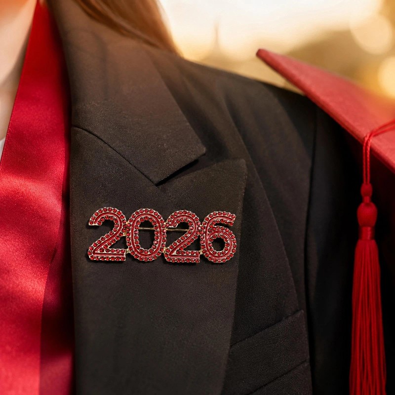 LOGOFUN 2026 Rhinestone Graduation Brooch Pin, Red