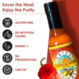 Dave's Gourmet Scorpion Pepper Hot Sauce - Extract-Free Insanely Hot Flavor - Hot Sauce for Burgers, Stews, Tacos, Pizza & More - Spicy Gluten-Free, Low Fat and Sodium - 5oz (Pack of 2)