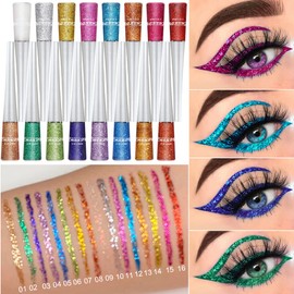 BONNIE CHOICE 16 Colors Glitter Eyeliner Liquid Set, Metallic Glitter Liquid Eyeshadow, Waterproof Long Lasting White Silver Rose Gold Pink Colorful Rainbow Eyeliners Valentine's Day Gifts for Women