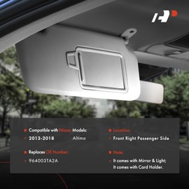 A-Premium Right Passenger Side Sun Visor Compatible with Nissan Altima 2013 2014 2015 2016 2017 2018, with Mirror Light and Card Holder, Gray