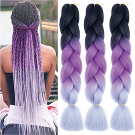 Xiaofeng Braiding Hair Extensions for Women 3 Packs 100g/Pack 24Inch High Temperature Ombre Jumbo Synthetic Braiding Hair for Twist Crochet Braids (24 Inch (Pack of 3), black-purple red-silver gray)