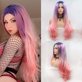 AFBeauty Rainbow Lace Front Wig Synthetic Gluless Blue Purple Pink Ombre Wigs Half Hand Tied Free Part Heat Resistant Fiber Drag Queen Colored Wigs For Women