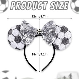 Doneace Soccer Mouse Ear Headband with Glitter Bow Cute Black White Soccer Sequin Hairbands Sports Hair Accessories for Fan Mom Girls World Cup Game Day Players Coaches Teams Party Favor Supplies
