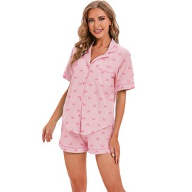 LUBOT 100% Cotton Women's Pajamas Set PJ Set Button-Down Short Sleeve 2 Piece Set Printed Patterned Summer Night Suit Sleepwear Loungewear (Pink Bow, L)