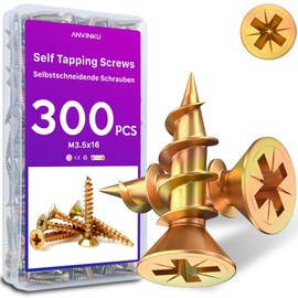 ANVINKU Wood Screws 300 Pcs, M3.5 x 16mm, Zinc, Countersunk, Self Tapping, Assorted for Furniture Repairs