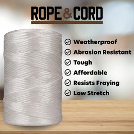 Rope and Cord Polypropylene Twine - Perfect for Outdoor, Gardening, Landscaping, and Shipping - 1000 ft Tube, White