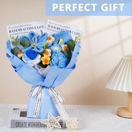janeunique Crochet Flowers Bouquet Knitted Flower Bouquet for Anniversary Graduation Home Decoration wedding (Blue)
