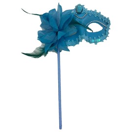 AZYOUNG Women's Gold Silver Plated Masquerade Half Face Mask with Side Feather Flower on Stick (Light Blue)
