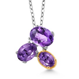 Gem Stone King 925 Silver and 10K Yellow Gold Purple Amethyst Pendant Necklace For Women (2.40 Cttw, Oval Checkerboard 8X6MM, 7X5MM and 6X4MM, Gemstone February Birthstone, with 18 Inch Chain)