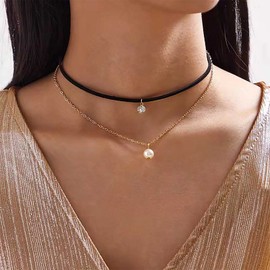 Inilbran Bohemian Black Velvet Ribbon Choker Necklace Layered Pearl Necklace Choker Vintage Crystal Pearl Collar Necklace Gold Pearl Pendant Necklace Jewelry for Women and Girls