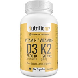 Vitamin D3 K2 Supplement - 2500 IU D3, 120 mcg K2 MK7 x 124 Capsules - Plant-Based, Vegan - Prevents Deficiency, Supports Bone Health in Women and Men - Made in Canada, Third-Party Tested - Nutritionn