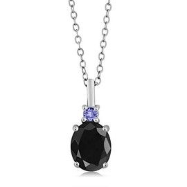 Gem Stone King 925 Sterling Silver Black Sapphire and Blue Tanzanite Pendant Necklace For Women (2.62 Cttw, Gemstone September Birthstone, Oval 9X7MM, with 18 Inch Silver Chain)
