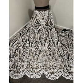 wowfabric4less123 White  Gold Black 2way Stretch Embroidery Sequins Lace fabric 50” Width 1 Yard
