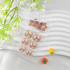 Press on Toenails Short Square Fake Toenails with Flower Designs White French Toe Nail Press ons Nude False Toenails Glossy Glue on Toe Nails Summer Acrylic Toenails Cute Stick on Toenails for Women
