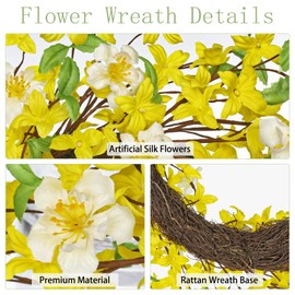 Oairse Artificial Forsythia Flowers Wreath 20" Spring Summer Wreath Faux Floral Wreath Yellow Forsythia Door Wreaths for Front Door Home Kitchen Wall Window Mantle Farmhouse Indoor Outdoor Decor