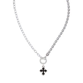 Delight Jewelry Silvertone Small Black Enamel Botonee Cross Stronger Braver Smarter Mixed Cable and Imitation Pearl Chain Choker Necklace, 14.75-17"