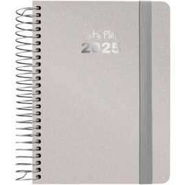 Grafoplas | Weekly View Agenda 2025 a6 | Silver | Spanish | Spiral | Hard Cover Lined Metallic Fabric | Elastic Closure | From January to December | Includes Stickers | Metallic Model | FSC