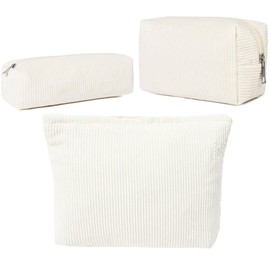 Makeup Bag Travel Large Toiletry Bag 3 Pack Portable Cosmetic Organizer Pouch with Small Brush Storage Case Zipper Waterproof for Women and Girls,Corduroy White