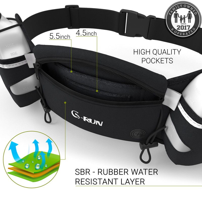 Q-RUN Running Hydration Belt, Black, Medium 25-33 inches, 10 Oz