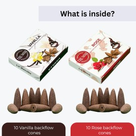TRUMIRI Backflow Incense Cones - Combo Pack of 20 Incense Cones Waterfall - 10 Vanilla + 10 Rose - Incense Backflow Cones - Waterfall Incense Cones - Incense Waterfall Cones