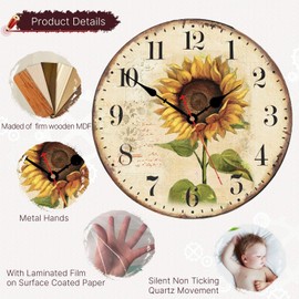 VIKMARI Summer Sunflower Wall Clock, Vintage Unusual Kitchen Clocks, Silent Decorative Retro Rustic Wall Clocks for Living Room Bedroom Bathroom Dining Room, 12 Inch